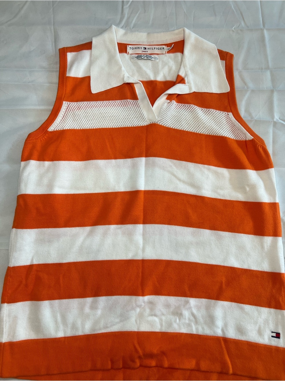 Tommy Hilfiger White & Orange Striped Sleeveless Polo Top